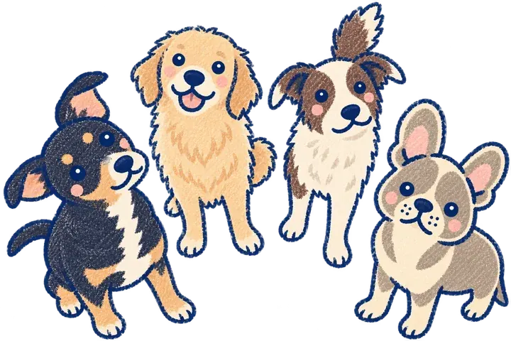 Illustratie van een hond die een kennismakingsdag meedraait in de groep bij Maui